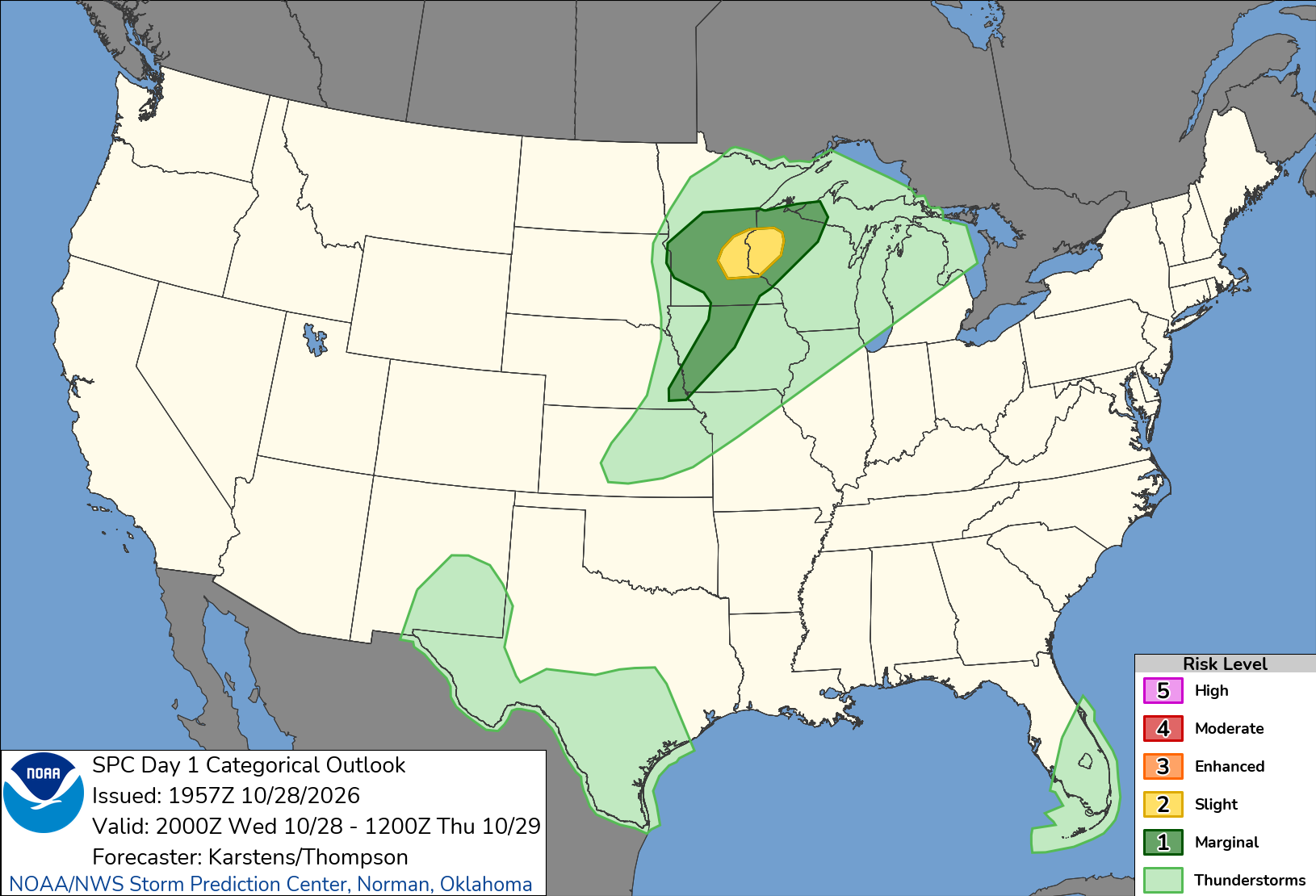 Original SPC Day 1 national outlook valid 2026-10-28, including the official legend and printed issuance.