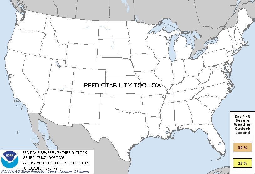Original SPC Day 8 national outlook valid 2026-11-04, including the official legend and printed issuance.