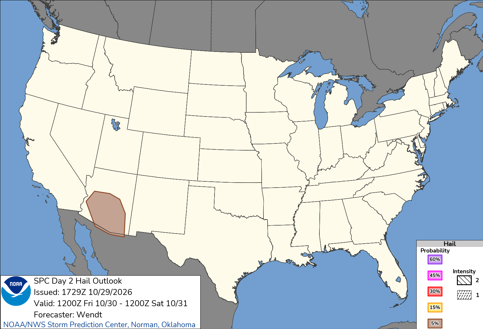 National SPC severe hail probability for Friday, Oct 30, 2026. National context, not a calculated probability for Norfolk.