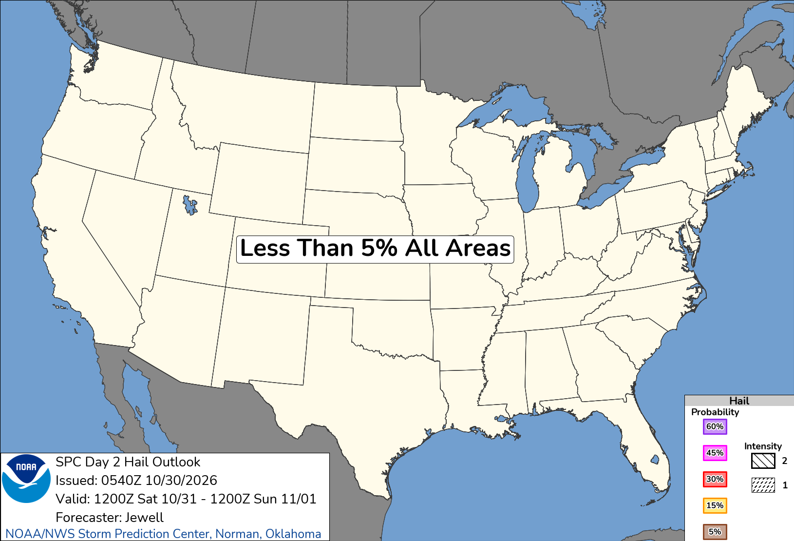 National SPC severe hail probability for Saturday, Oct 31, 2026. National context, not a calculated probability for Elgin. No area reaches the 5% SPC contour threshold in this national outlook. Below the displayed threshold does not mean zero risk.