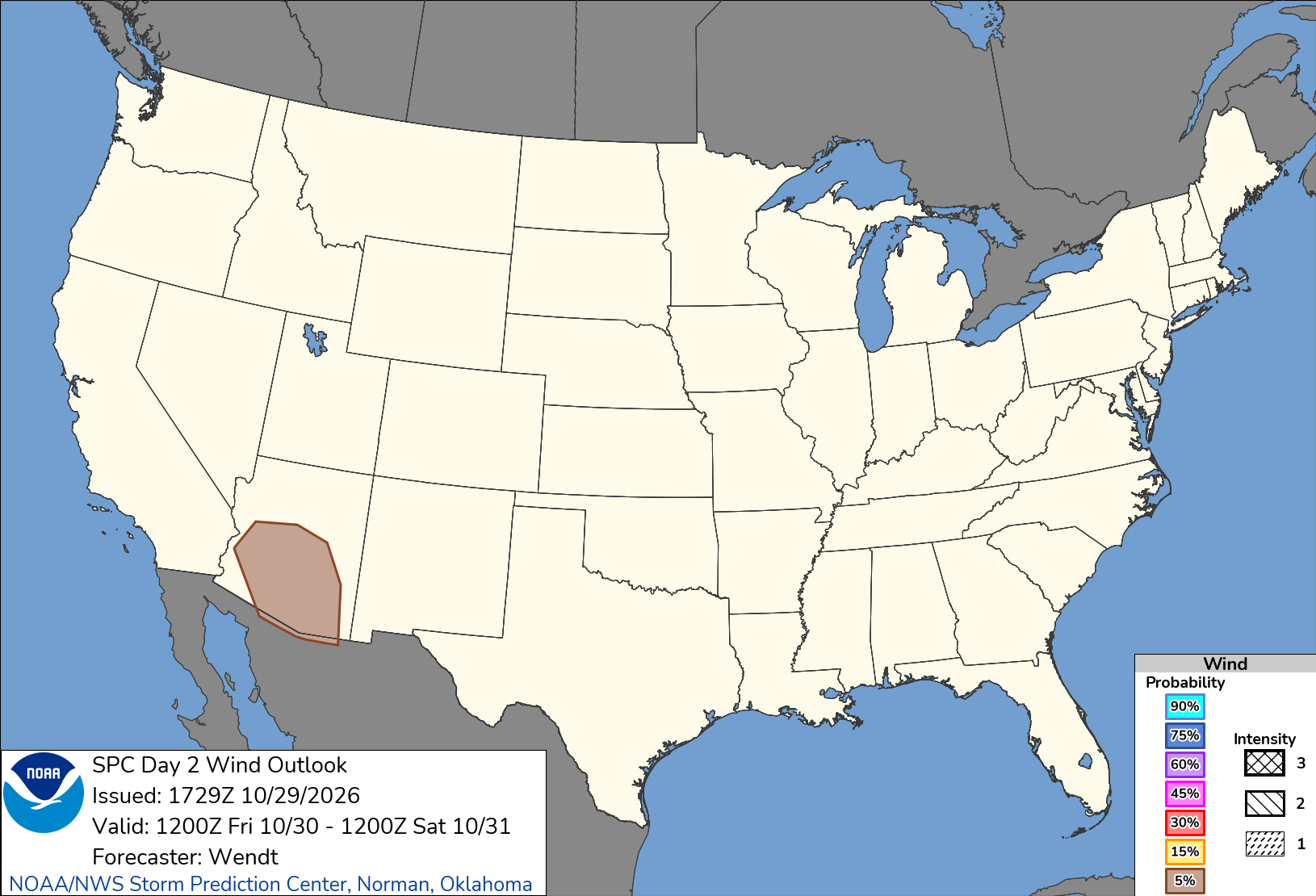 National SPC severe wind probability for Friday, Oct 30, 2026. National context, not a calculated probability for Norfolk.