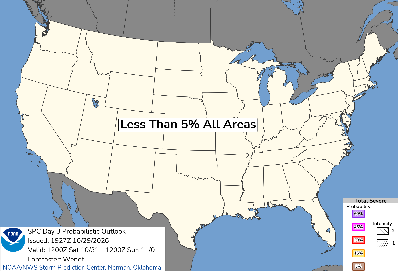 National SPC severe weather probability for Saturday, Oct 31, 2026. National context, not a calculated probability for Norfolk. No area reaches the 5% SPC contour threshold in this national outlook. Below the displayed threshold does not mean zero risk.
