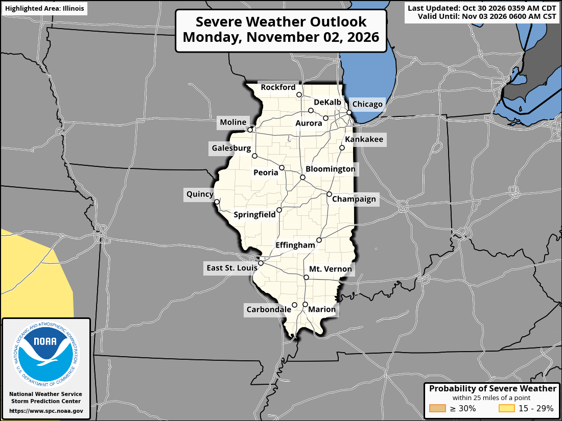 Original SPC partner Day 4 outlook map for Illinois, including its printed dates and legend. State context for Elgin.