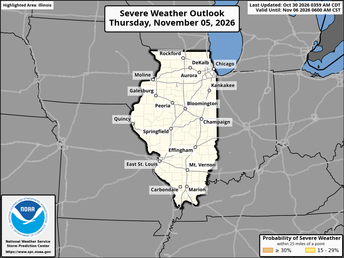 Original SPC partner Day 7 outlook map for Illinois, including its printed dates and legend. State context for Elgin.