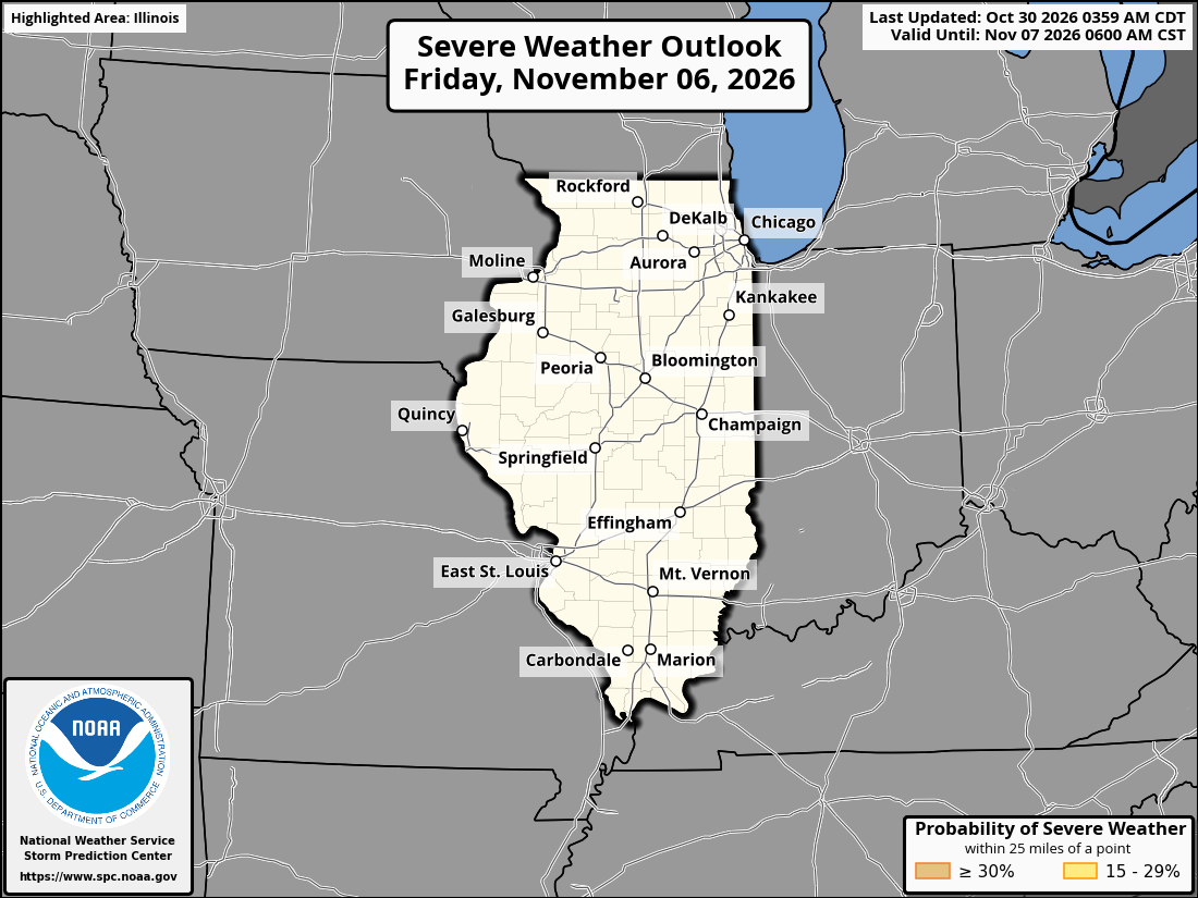 Original SPC partner Day 8 outlook map for Illinois, including its printed dates and legend. State context for Elgin.