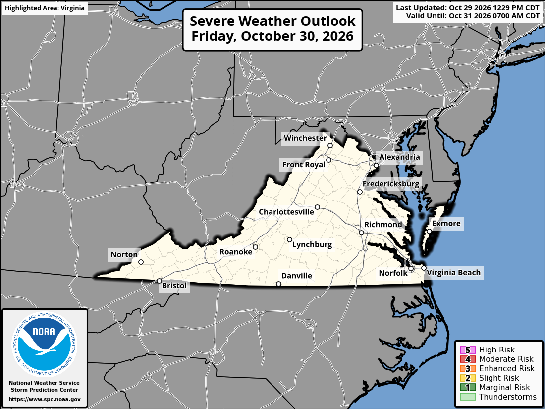 Original SPC partner Day 2 outlook map for Virginia, including its printed dates and legend. State context for Norfolk.