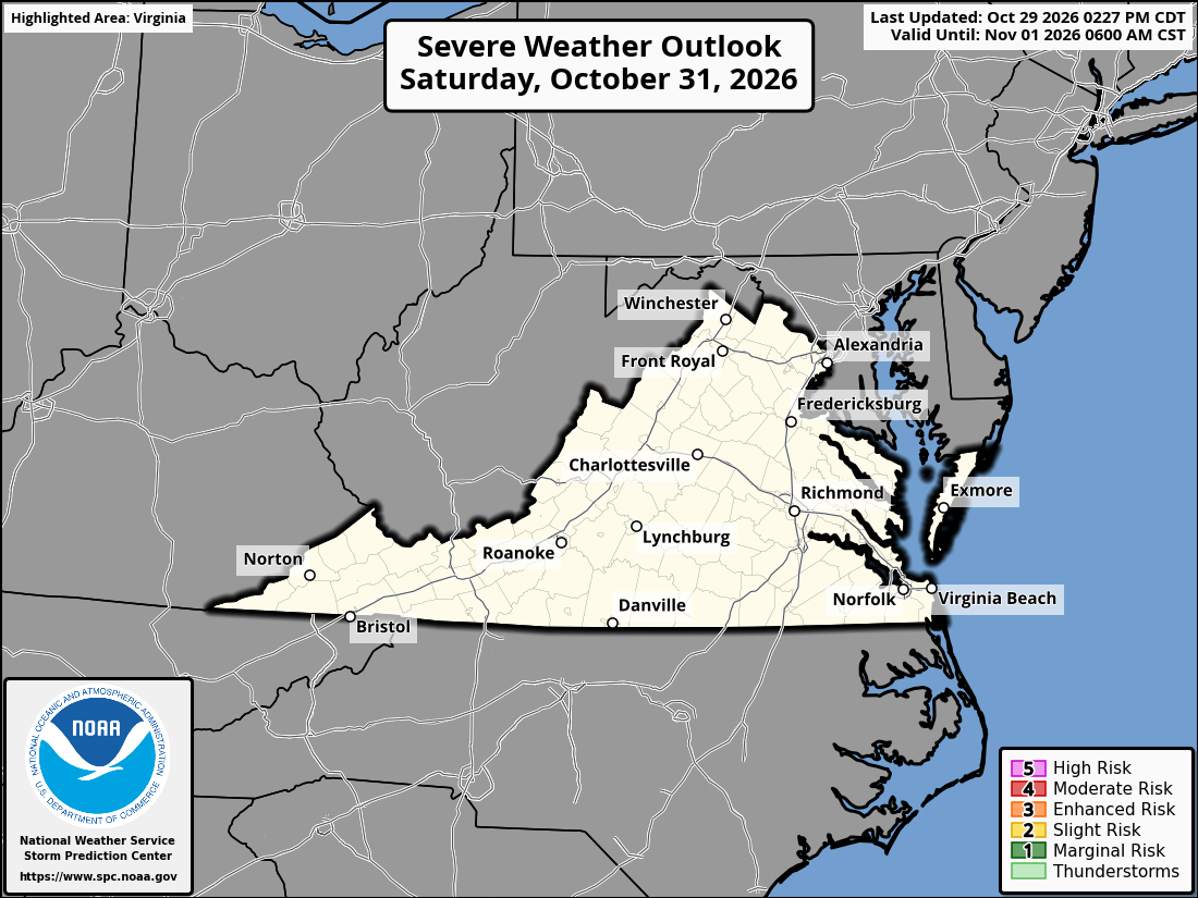 Original SPC partner Day 3 outlook map for Virginia, including its printed dates and legend. State context for Norfolk.