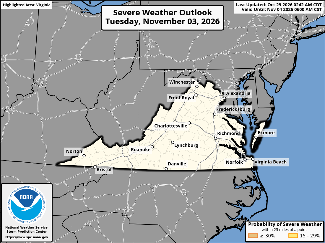 Original SPC partner Day 6 outlook map for Virginia, including its printed dates and legend. State context for Norfolk.