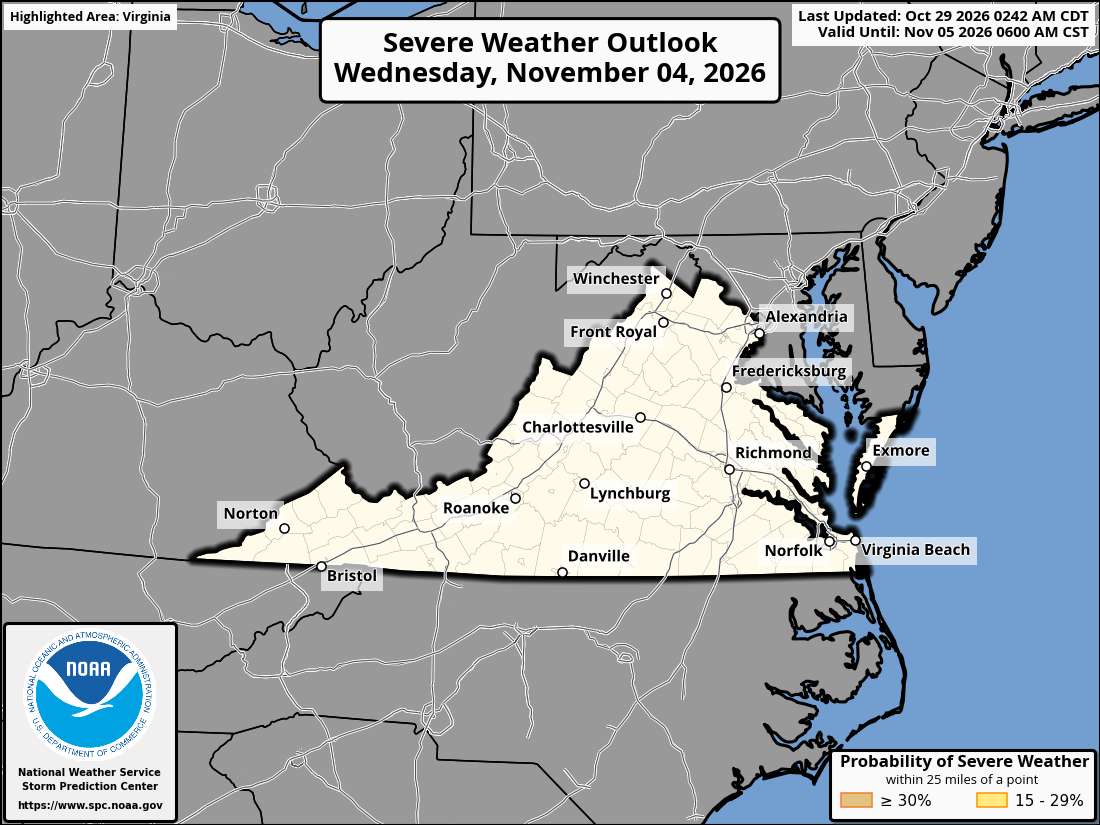 Original SPC partner Day 7 outlook map for Virginia, including its printed dates and legend. State context for Norfolk.