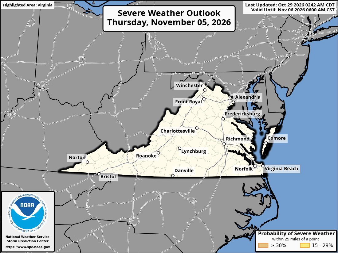 Original SPC partner Day 8 outlook map for Virginia, including its printed dates and legend. State context for Norfolk.
